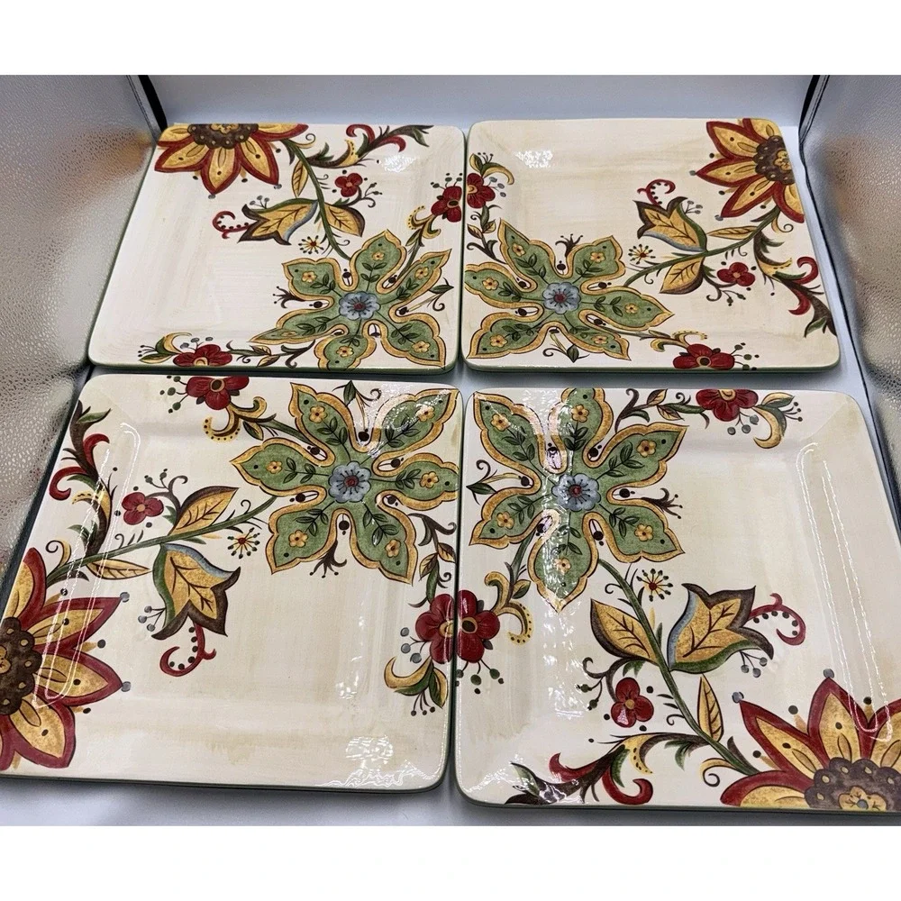 Pier One Carynthum Square Dinner Plates Set Of 4 Floral Design Ceramic 2009
